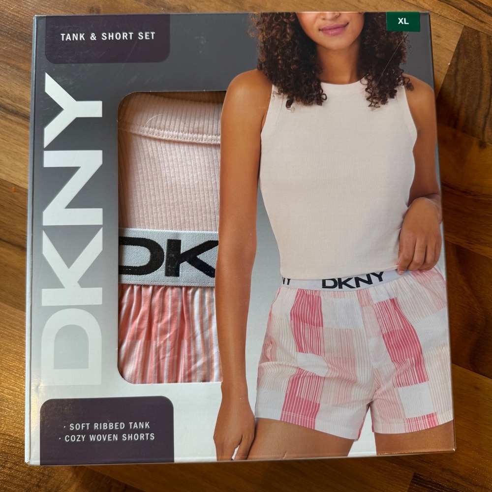 DKNY Womens Tank Short Set Pajama Lounge Sleepwear Size XL Pink Ribbed Woven NEW